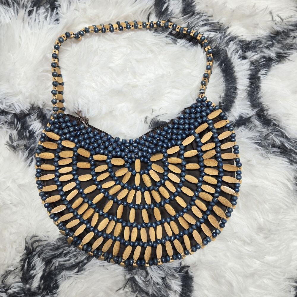 Half Moon Wood Beaded Boho Style Purse